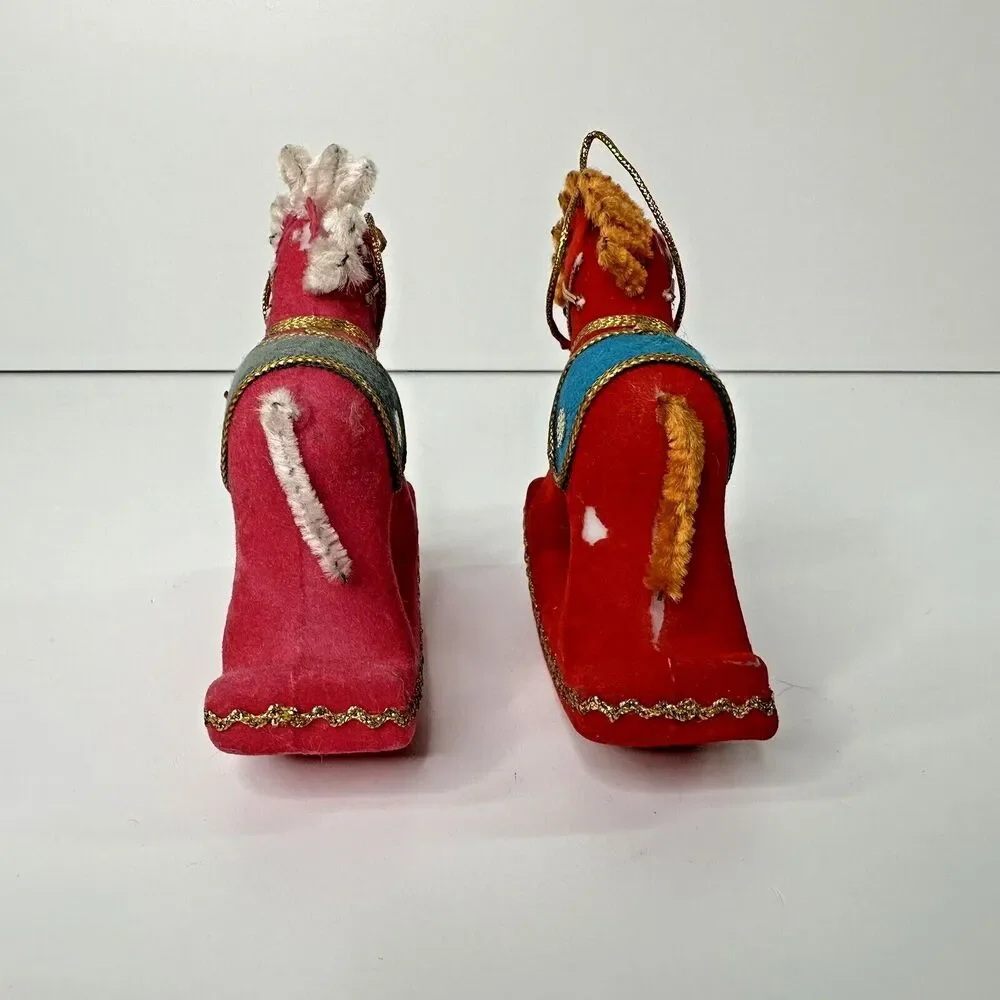 2 Vtg Rocking Horse Flocked Christmas Ornaments Kitschy Red Pink Pipe Cleaner 4